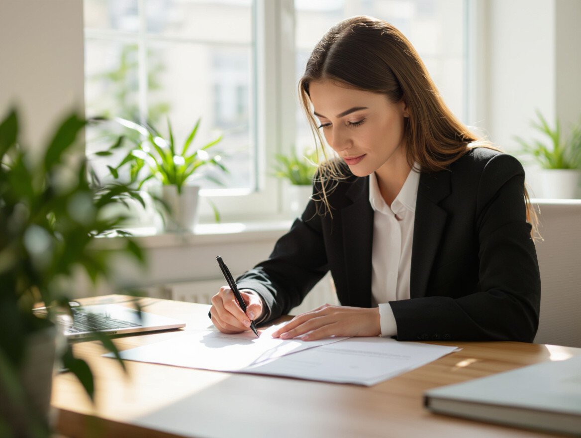 Eine Frau in einem Anzug schreibt konzentriert an einem Tisch mit Pflanzen.