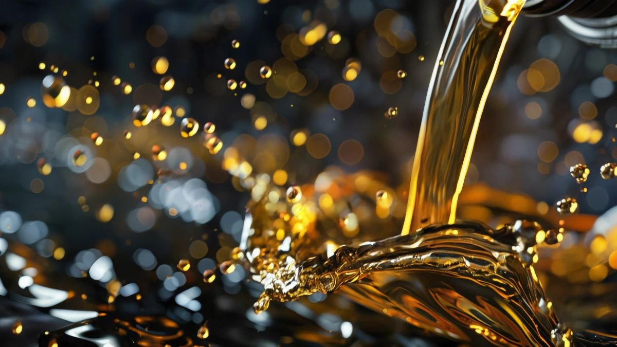 Flüssiges Motoröl spritzt in einem glänzenden, dunklen Hintergrund.
