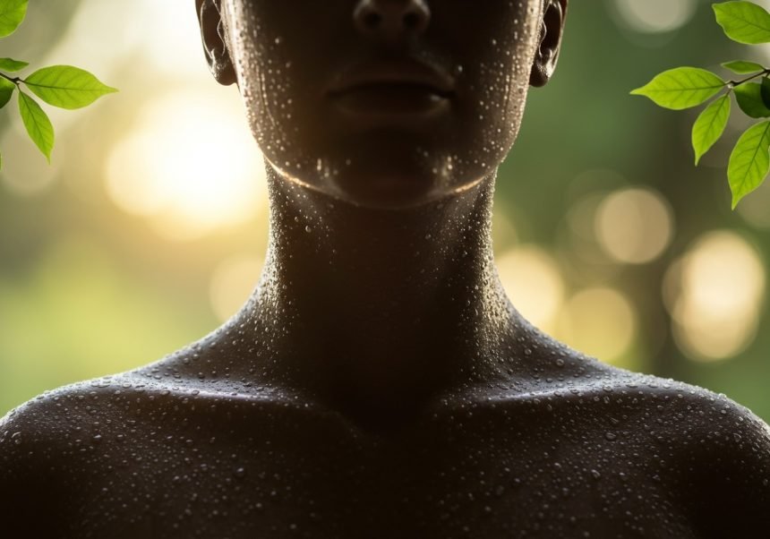 Eine schweißbedeckte Hautpartie einer Person im Sonnenlicht, umgeben von Blättern.