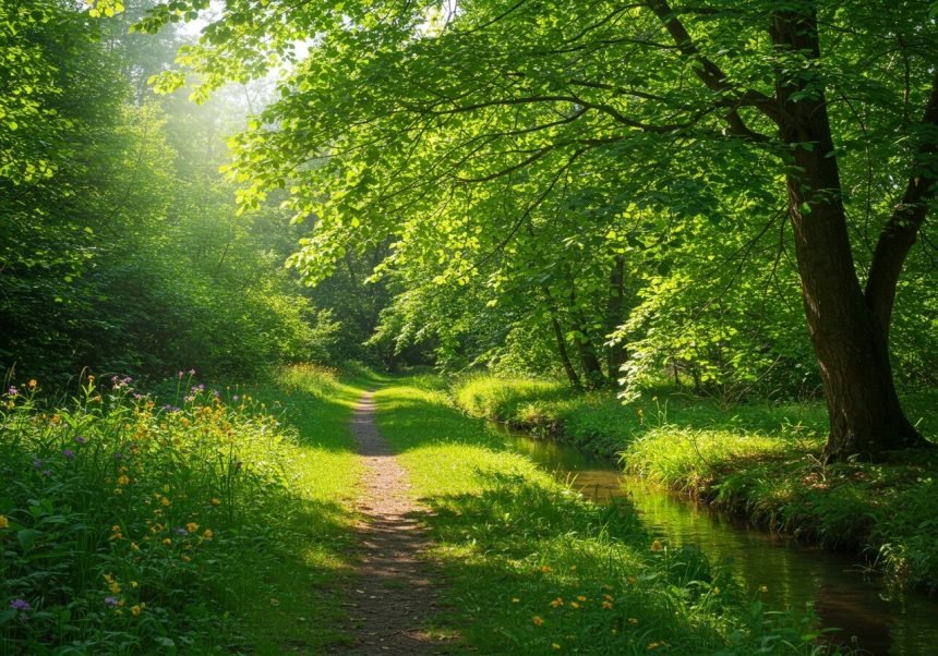 Ein ruhiger Waldweg mit üppigem Grün und blühenden Pflanzen entlang eines Baches.