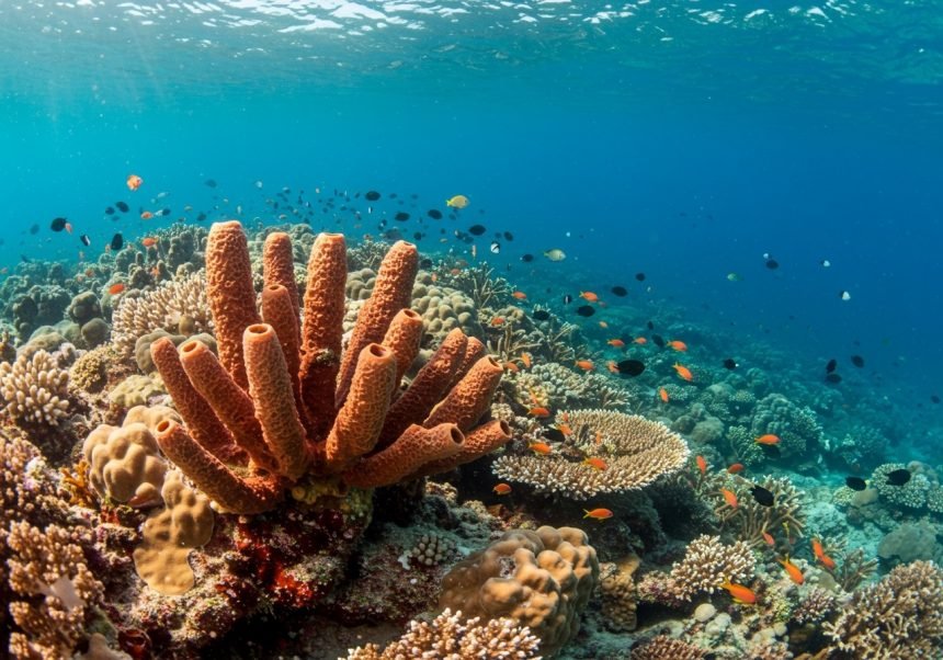 Bunte Schwammkorallen und Fische in einem lebendigen Korallenriff.