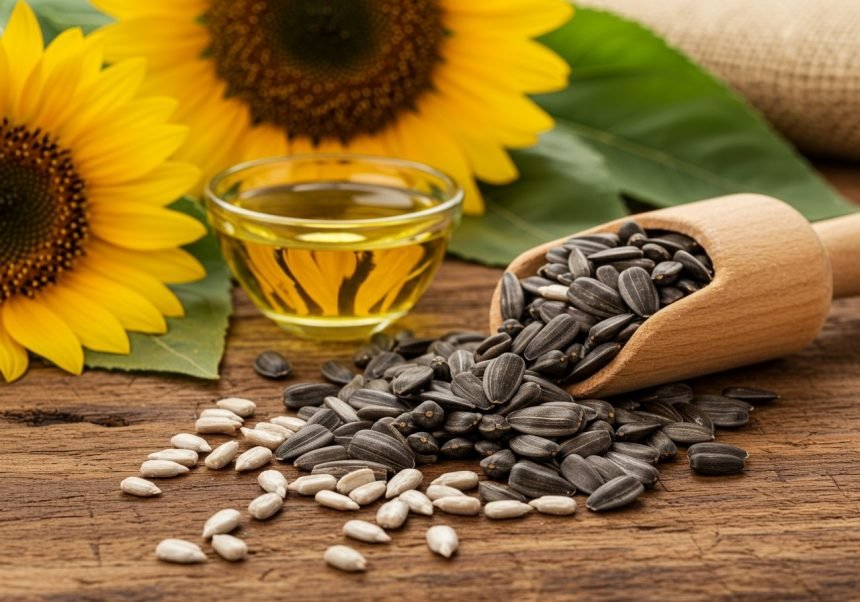 Eine Holzschaufel mit Sonnenblumenkernen und einer Schale Öl, umgeben von Sonnenblumen.