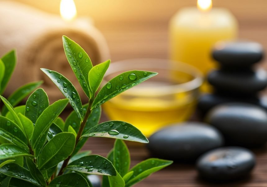 Frische Teebaumblätter mit Wassertropfen, umgeben von ätherischen Ölen und Steinen.