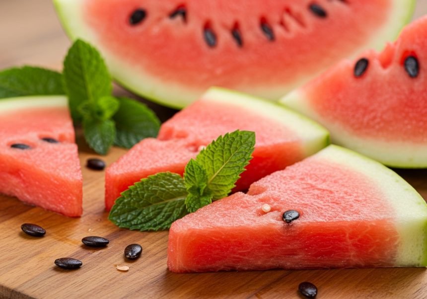 Frische Wassermelonenstücke mit schwarzen Kernen und Minzblättern auf einem Holzbrett.