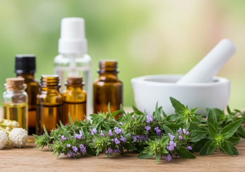 Frische Ysop-Pflanze mit lila Blüten und ätherischen Ölen auf einem Tisch.