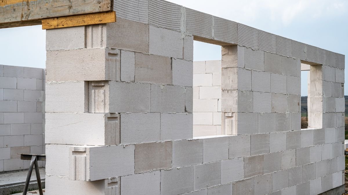 Eine Wand aus Ytong-Bausteinen mit Fenstern während des Bauprozesses.