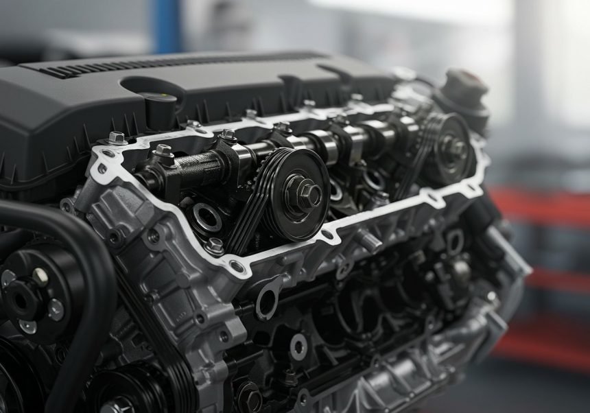 Detailaufnahme eines modernen Automotors mit sichtbaren Ventilen und Riemen.