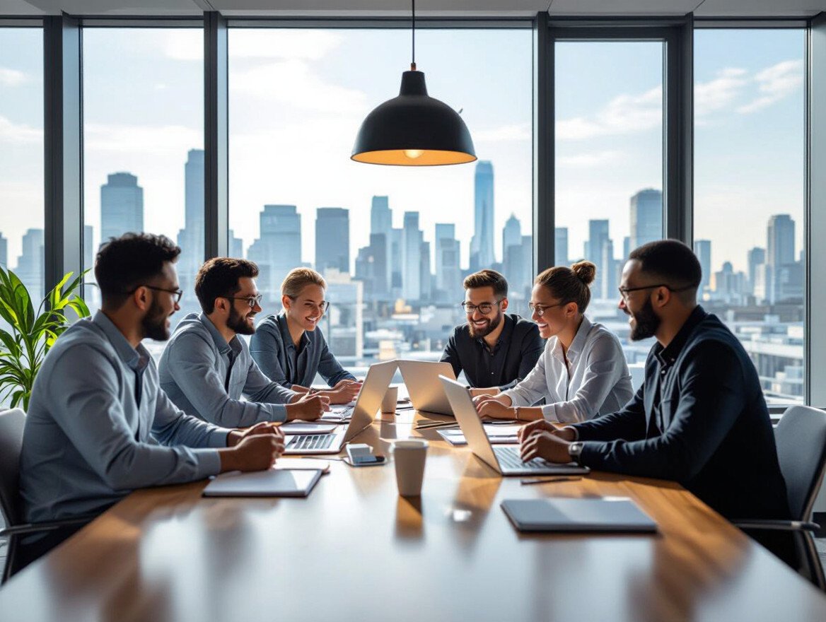 Eine Gruppe von Fachleuten diskutiert in einem modernen Büro mit Stadtblick.