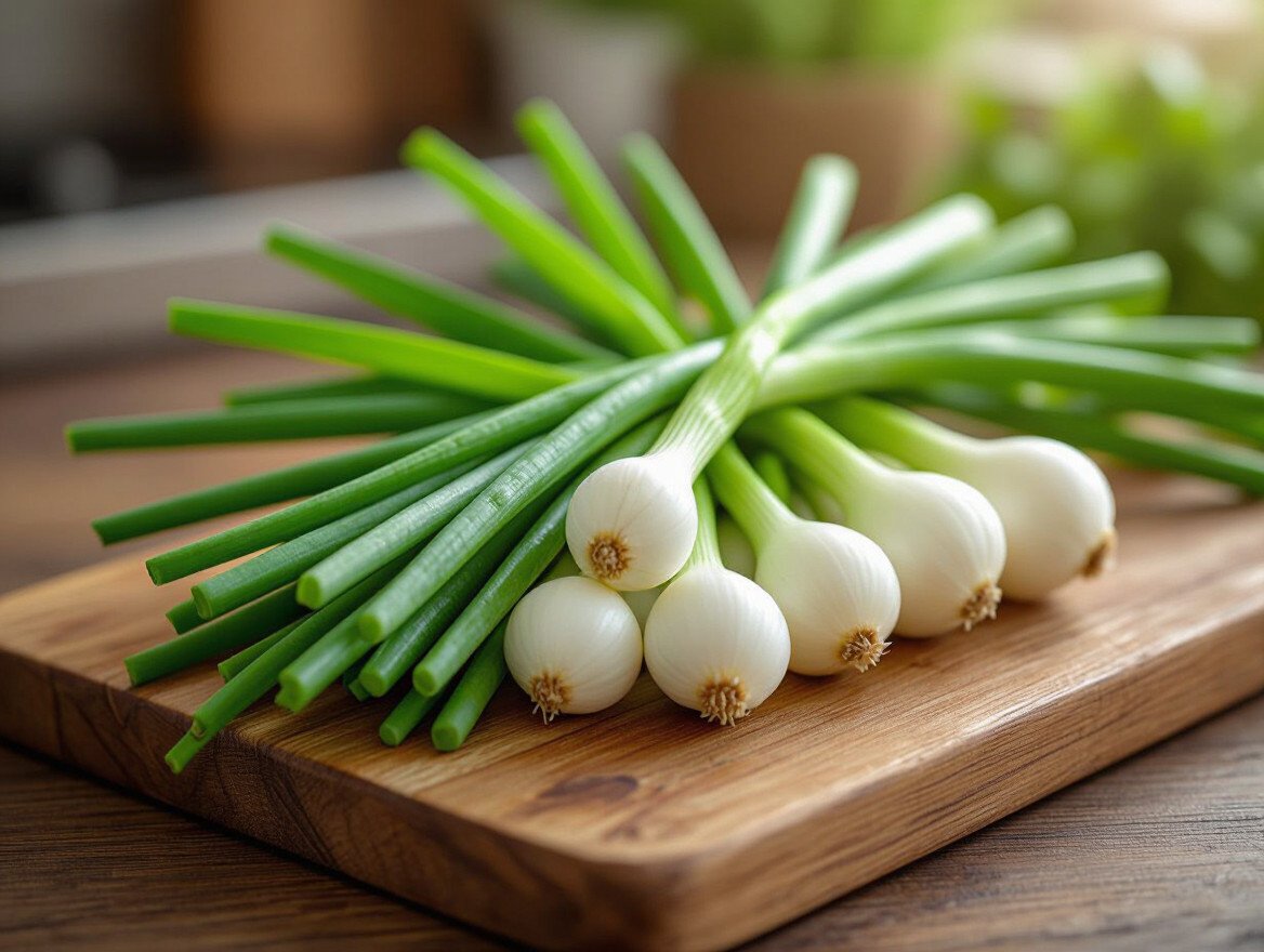 Frische Jungzwiebeln liegen auf einem Holzbrett, bereit zur Verwendung.