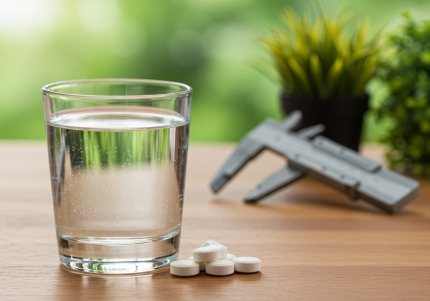 Ein Glas Wasser mit Kalziumcitrat-Tabletten auf einem Tisch.