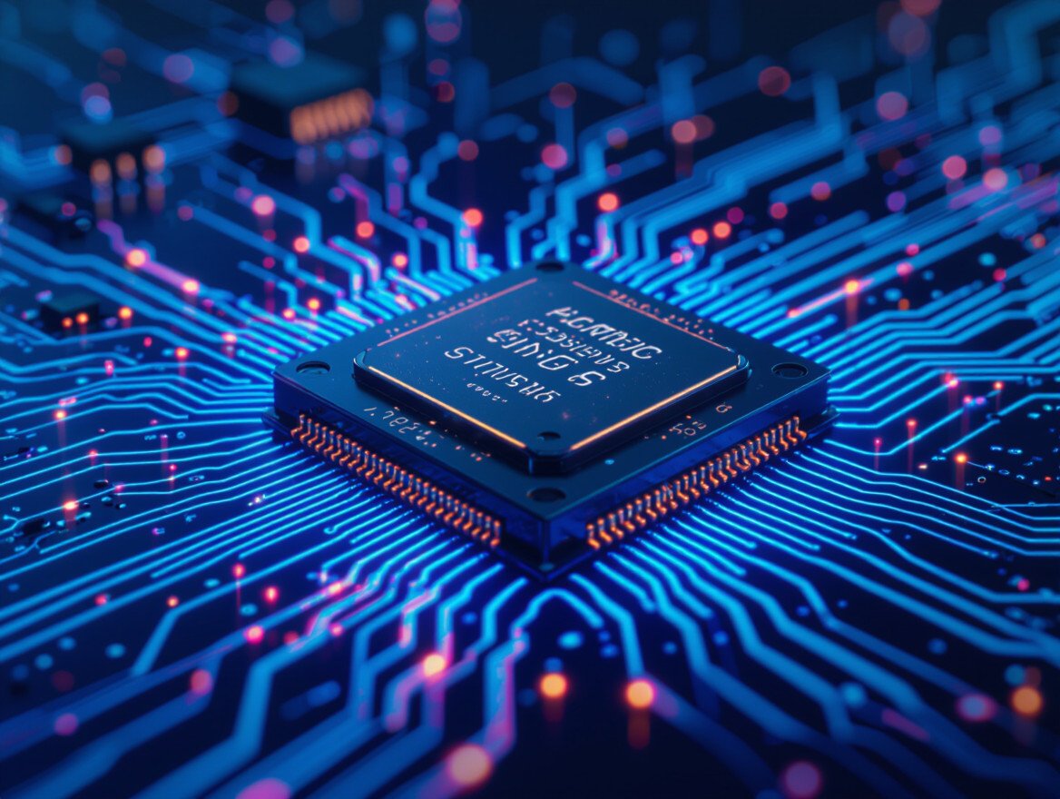 Nahaufnahme eines Mikroprozessors auf einer Leiterplatte mit blauen Schaltkreisen.