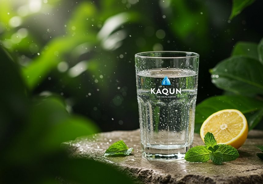 Ein Glas KAQUN-Wasser mit frischen Minzblättern und einer Zitronenscheibe.