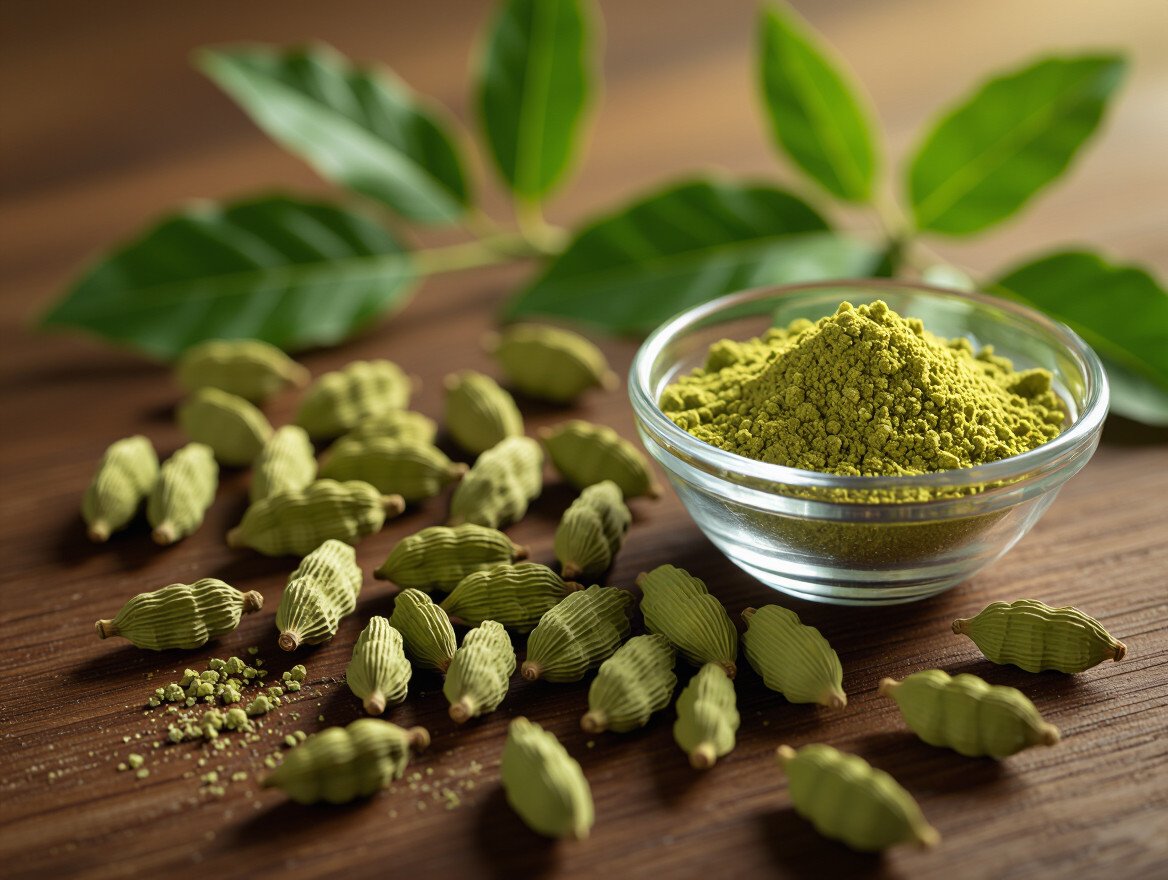 Grüne Kardamomkapseln und gemahlener Kardamom in einer Schüssel auf Holzuntergrund.