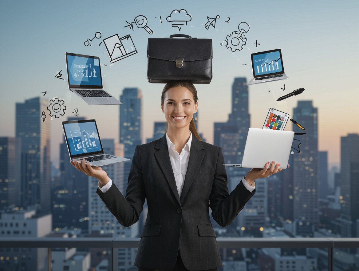 Eine Frau in Anzug balanciert Laptops und eine Aktentasche, symbolisiert Karrierevielfalt.