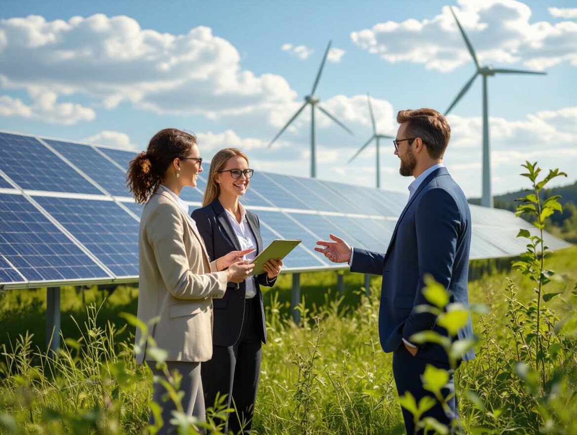 Drei Fachleute diskutieren vor Solarpanelen und Windrädern im Freien.
