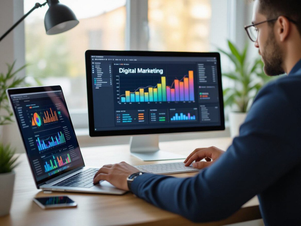 Ein Mann arbeitet an zwei Bildschirmen, die digitale Marketingdaten anzeigen.