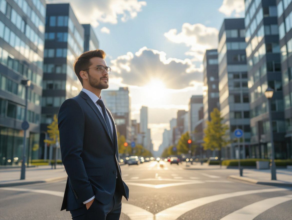 Ein junger Mann in Anzug steht selbstbewusst auf einer Stadtstraße bei Sonnenuntergang.