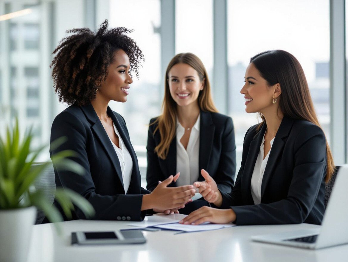 Drei Frauen in Businesskleidung diskutieren in einem modernen Büro.
