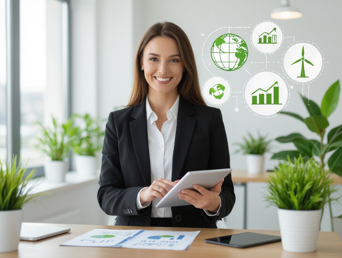 Eine professionelle Frau in einem Büro, die ein Tablet hält und umweltfreundliche Symbole betrachtet.