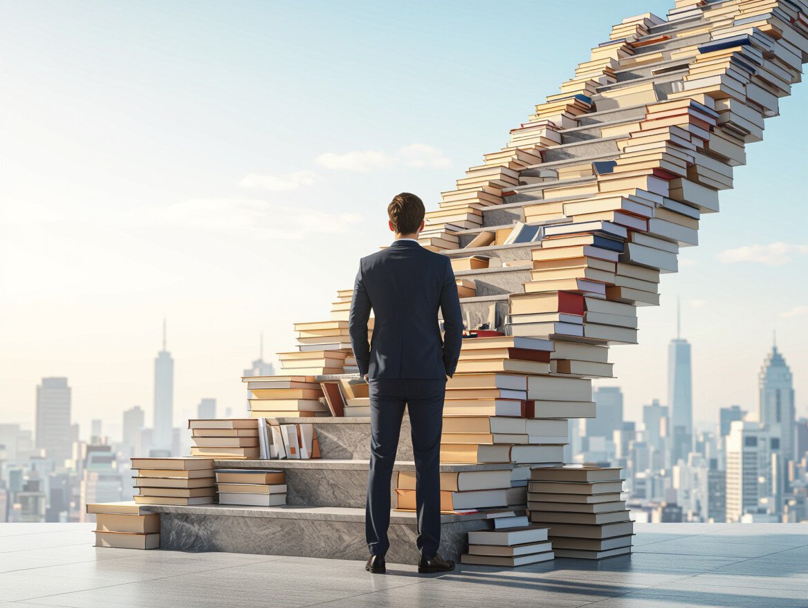 Ein Mann in Anzug steht vor einer Treppe aus Büchern, die in den Himmel führt.