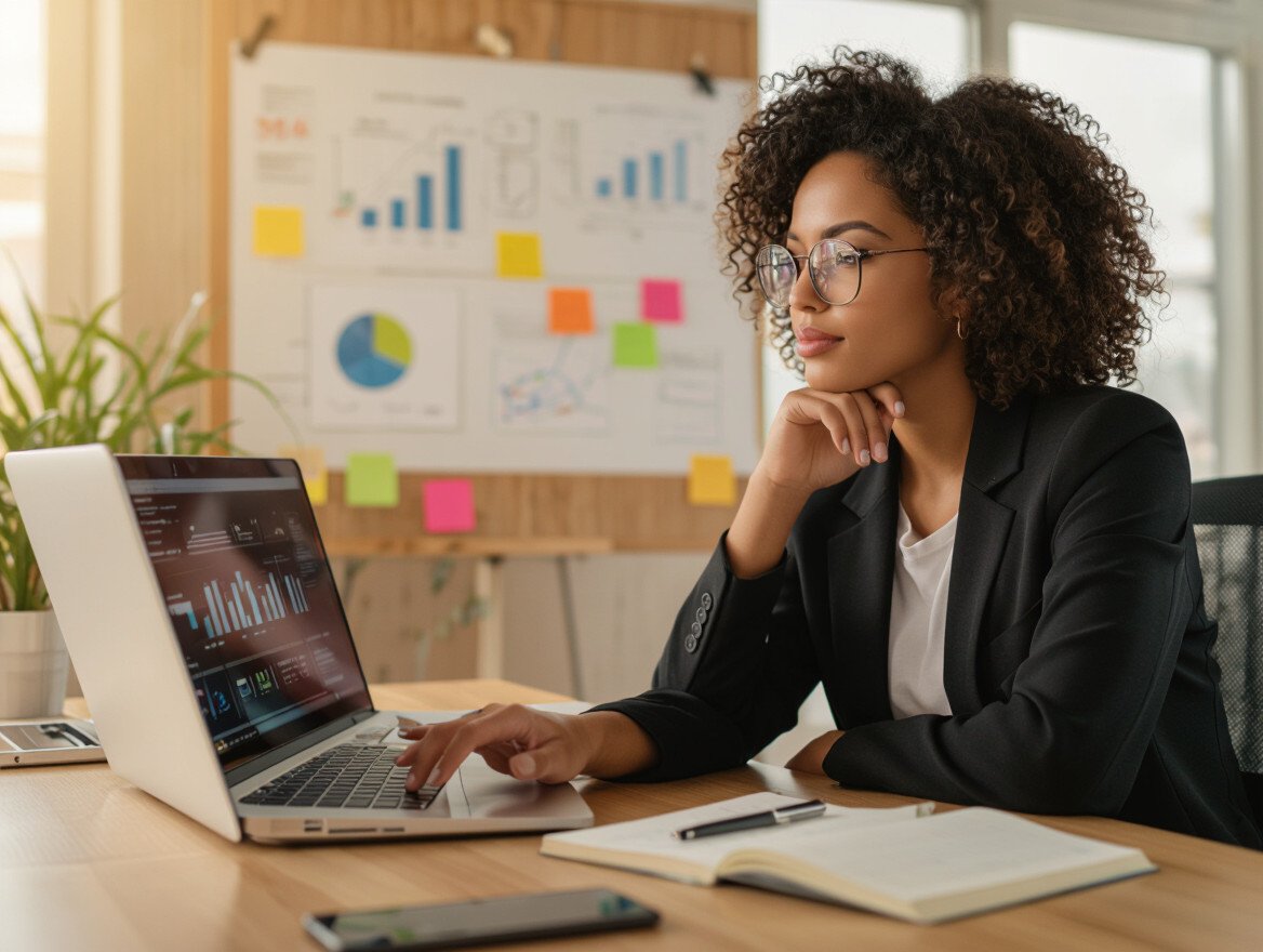Eine nachdenkliche Frau in einem Anzug arbeitet am Laptop in einem modernen Büro.