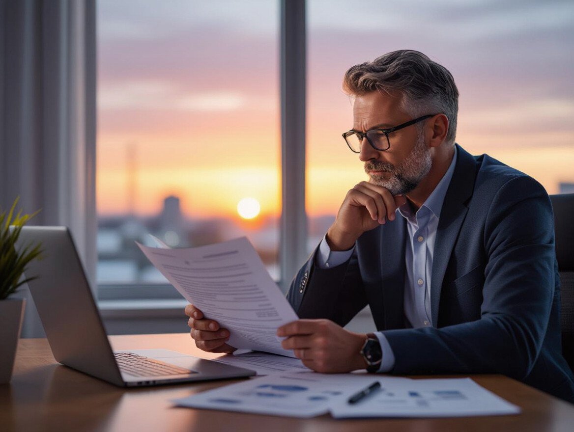 Ein nachdenklicher Mann in Anzug betrachtet Dokumente am Schreibtisch bei Sonnenuntergang.