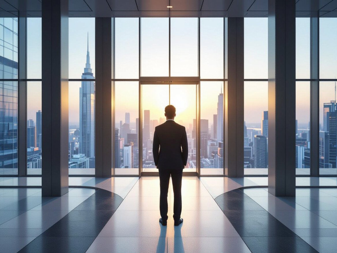 Ein Mann in Anzug steht vor großen Fenstern mit Stadtblick bei Sonnenuntergang.