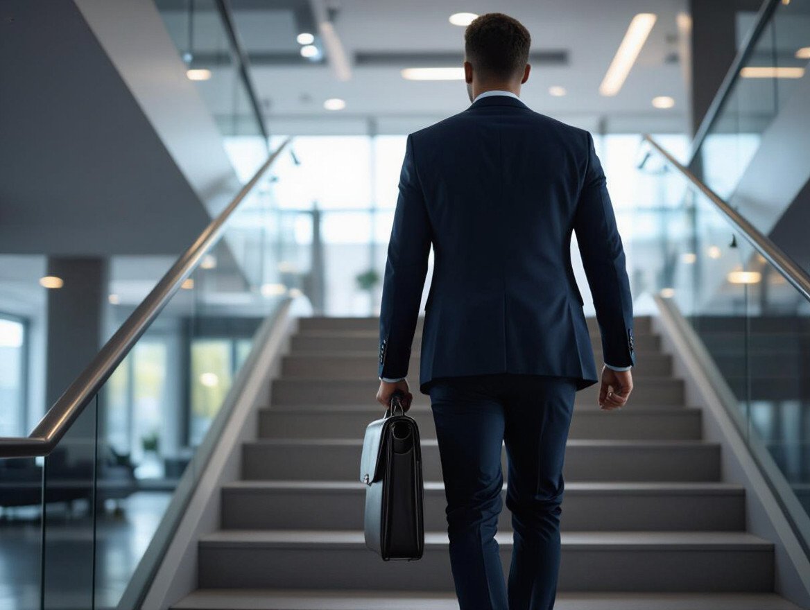 Ein Mann in einem Anzug geht mit einer Aktentasche eine Treppe hinauf.