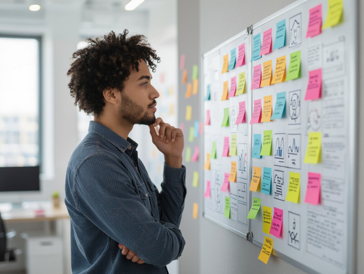 Ein nachdenklicher Mann betrachtet ein Board mit bunten Notizen zur Zielsetzung.