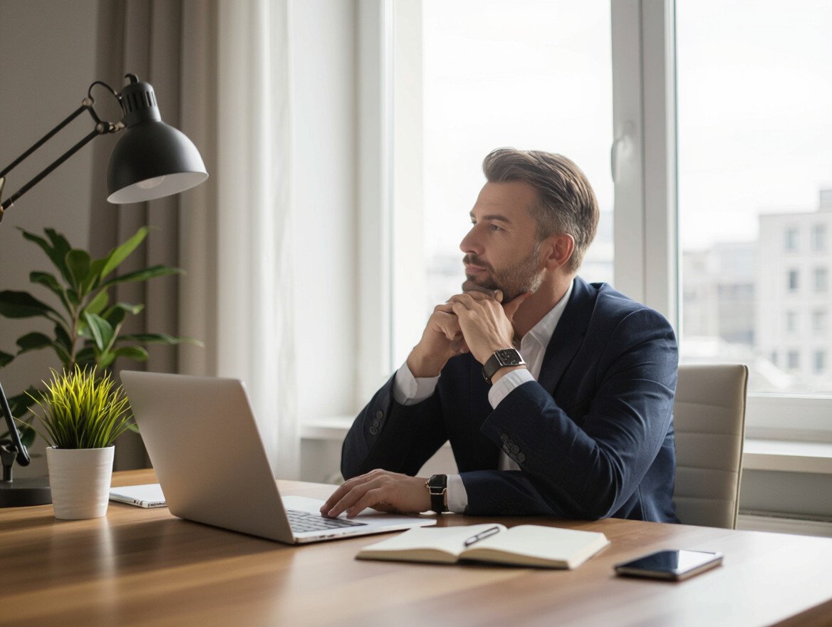 Ein nachdenklicher Mann in einem Anzug sitzt an einem Schreibtisch mit Laptop.