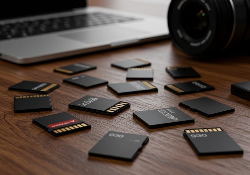 Eine Auswahl von SD-Karten auf einem Holztisch neben einem Laptop und einer Kamera.