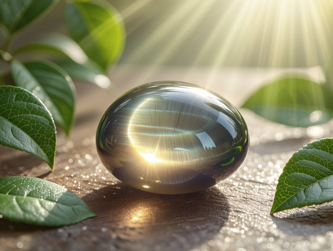 Ein Katzenauge-Stein liegt auf einem Holzuntergrund, umgeben von grünen Blättern.