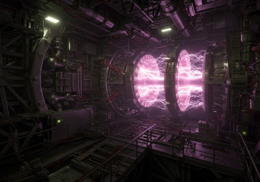 Ein Tokamak-Reaktor mit leuchtenden Plasma-Entladungen im Inneren.
