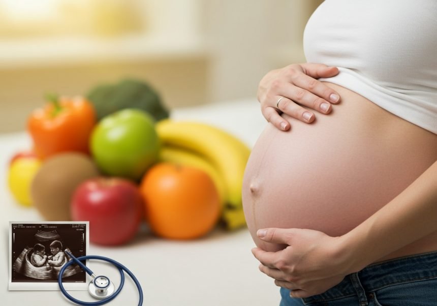 Schwangere Frau hält ihren Bauch, umgeben von frischem Obst und einem Ultraschallbild.