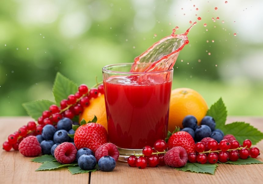 Ein Glas frischer Kirschsaft umgeben von verschiedenen Beeren und Früchten.