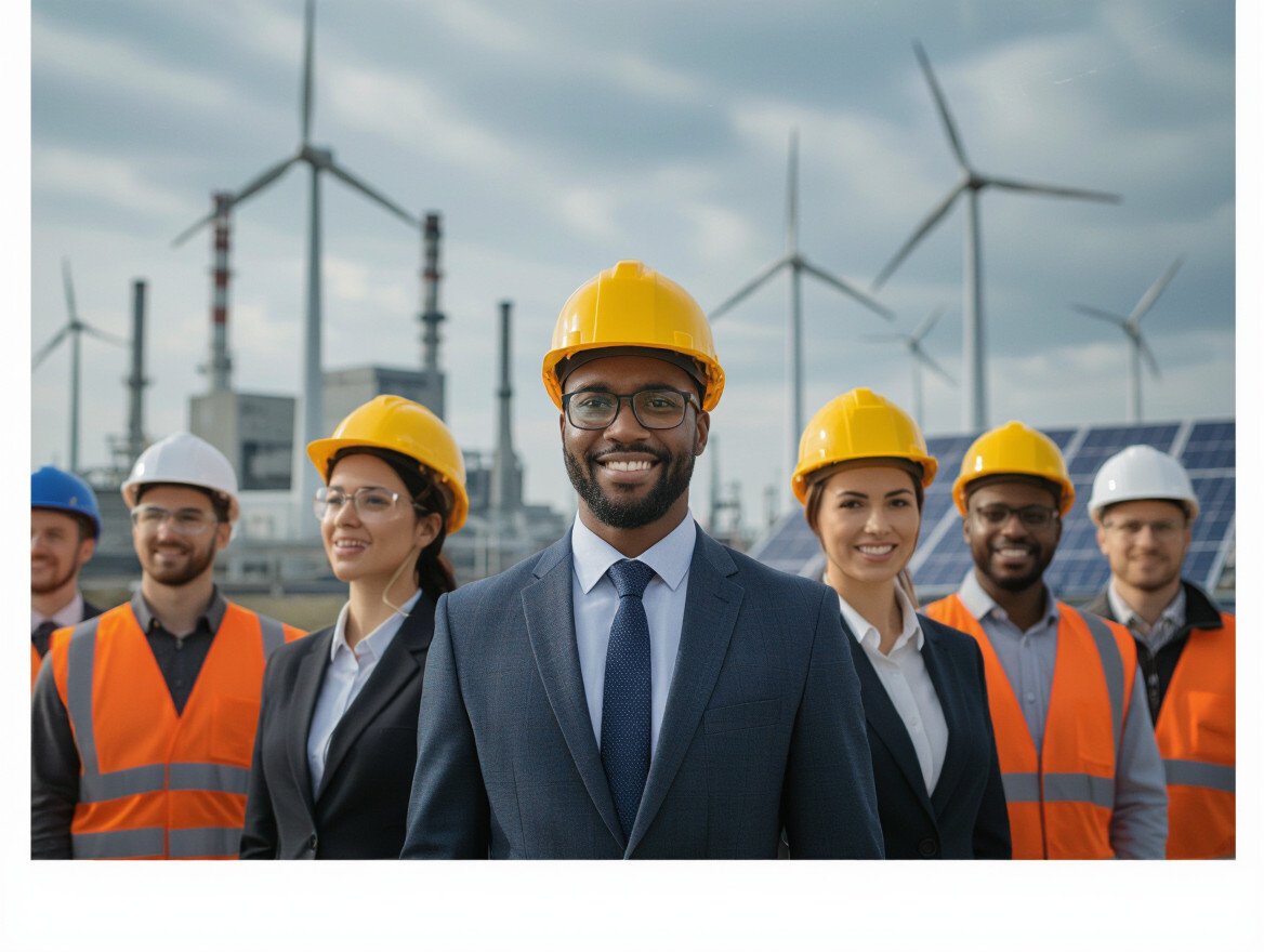 Eine Gruppe von Fachleuten in Schutzkleidung vor Windkraftanlagen und Solarpanelen.