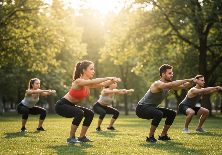 Gruppe von Menschen, die im Park Kniebeugen machen, um ihre Fitness zu verbessern.