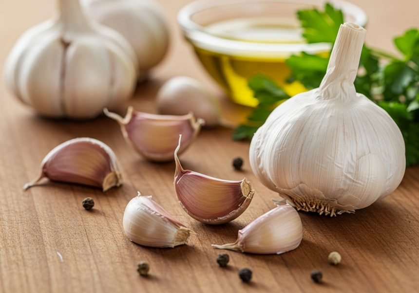 Frische Knoblauchzehen und eine ganze Knoblauchknolle auf einem Holzbrett.