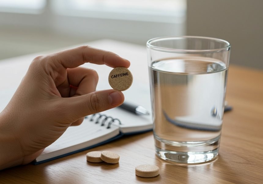 Eine Hand hält eine Koffeintablette über einem Glas Wasser auf einem Tisch.