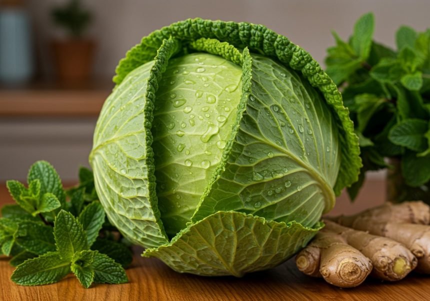 Frischer Kohl mit Wassertropfen, umgeben von Minze und Ingwer.