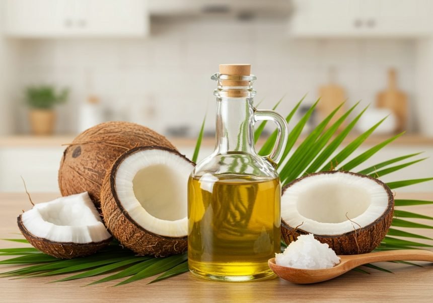Eine Flasche Kokosöl steht neben frischen Kokosnüssen und Kokosraspeln.