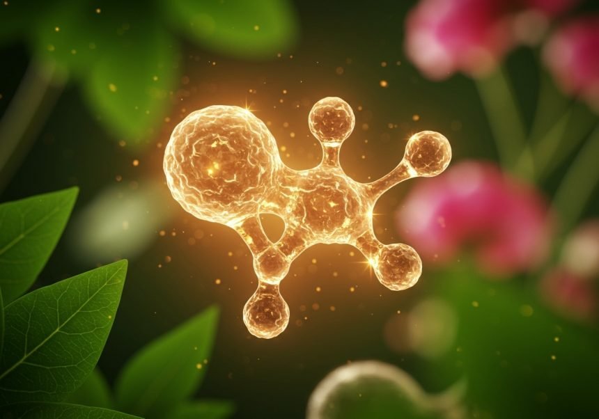 Eine leuchtende Kollagenmolekül-Darstellung vor grünem Hintergrund.