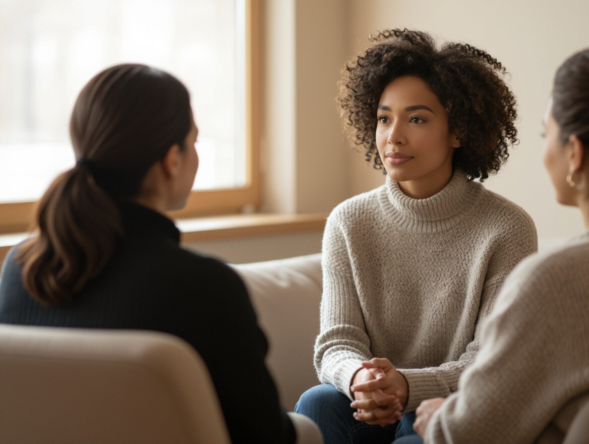 Drei Frauen in einem Gespräch, eine hört aufmerksam zu, während die andere spricht.