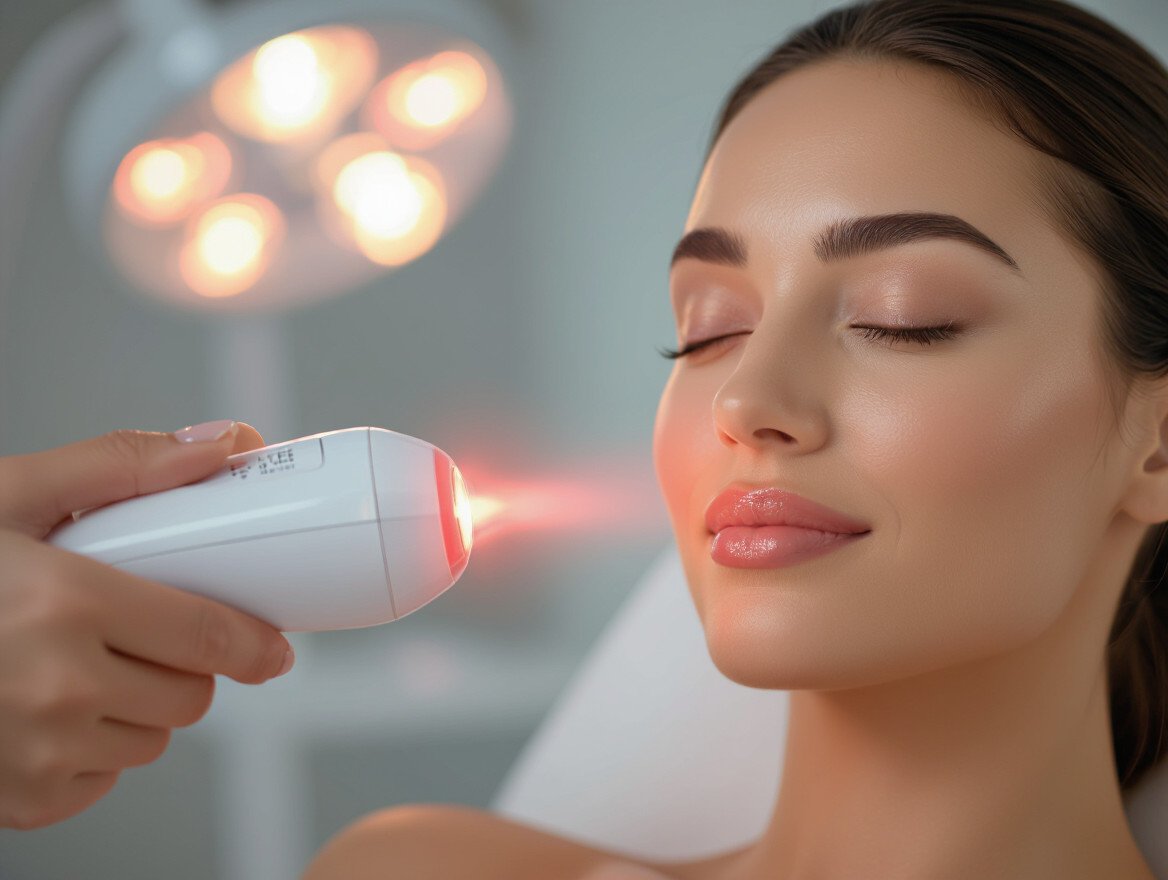 Eine Frau erhält eine Softlaser-Therapie zur Hautbehandlung und Schmerzlinderung.