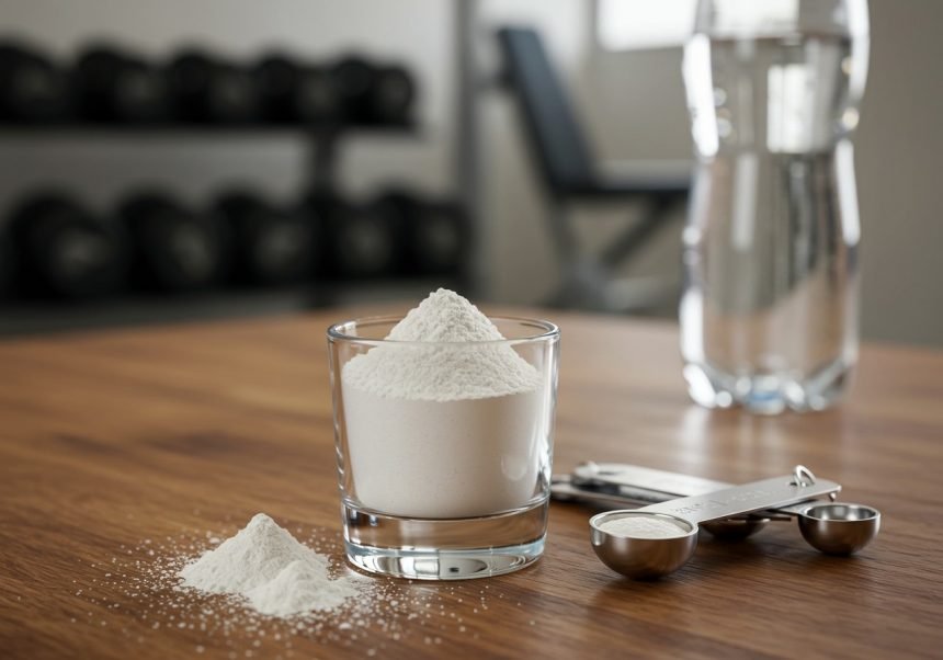 Ein Glas mit Kreatinpulver auf einem Holztisch, neben einem Wasserbehälter.
