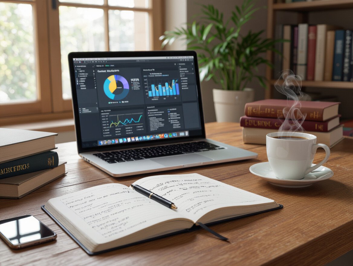 Ein Schreibtisch mit Laptop, Notizbuch, Kaffeetasse und Büchern.