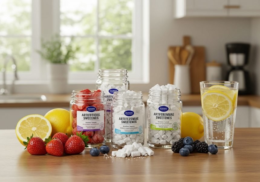 Drei Gläser mit künstlichen Süßstoffen und frischen Früchten auf einem Tisch.