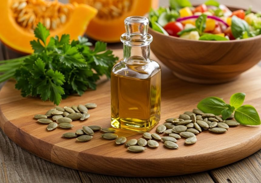 Eine Flasche Kürbiskernöl steht neben Kürbiskernen und frischen Kräutern auf einem Holzbrett.