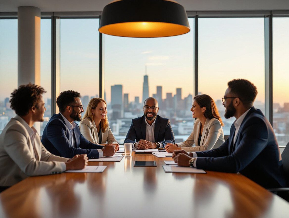 Eine diverse Gruppe von Führungskräften diskutiert in einem modernen Konferenzraum.