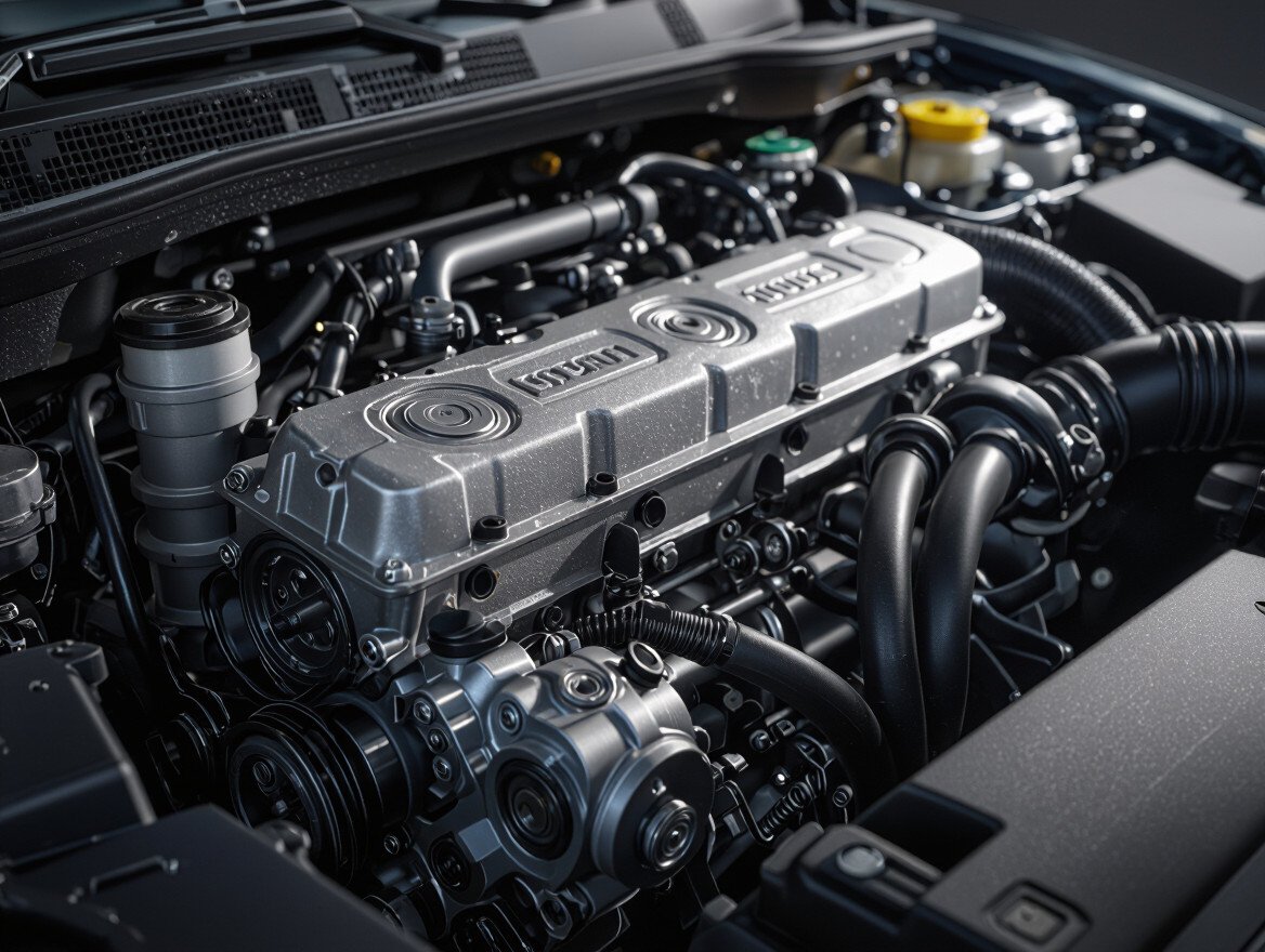 Detailaufnahme eines modernen Automotors mit Ventilen und Schläuchen.